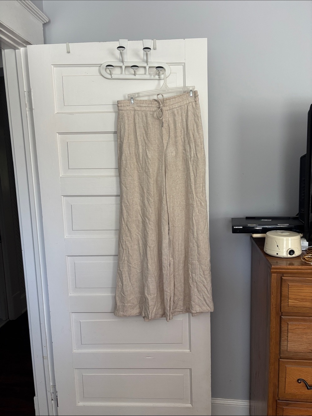 Neutral Linen-Blend Flare Leg Drawstring Pants